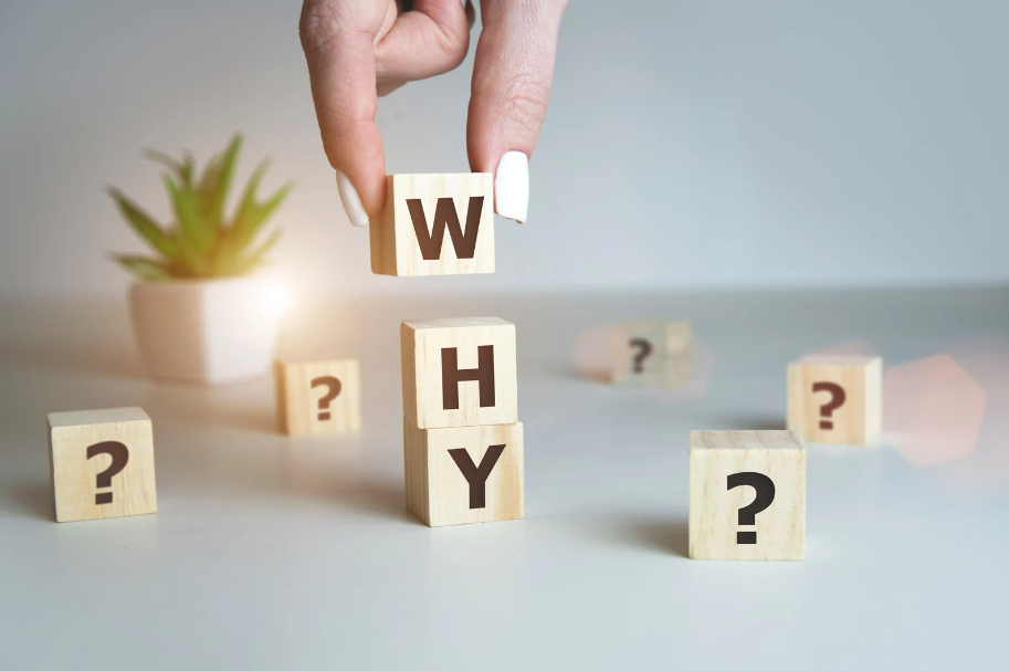 wooden blocks with the letters printed on them in a vertical stack to form the word "why" surrounded by blocks with question marks printed on them