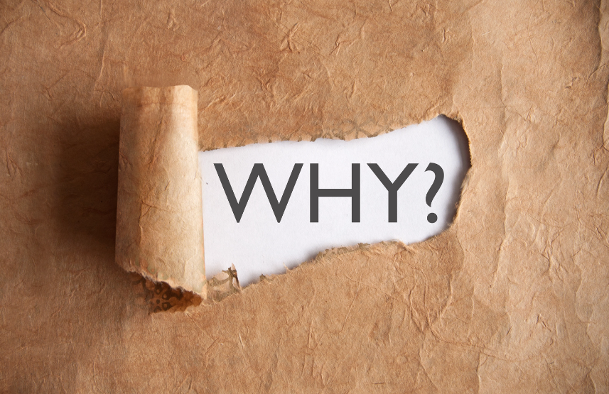 Brown paper with the texture of a paper bag ripped back to reveal the word 'why' followed by a question mark